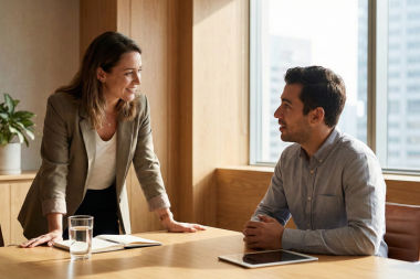 Business leader and hiring consultant discussing staffing requirements and hiring strategy during a one-on-one consultation in a modern U.S. office